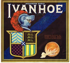 ORIGINAL ORANGE CRATE LABEL VINTAGE IVANHOE KNIGHT RARE FILE 1937 SUNKIST - Picture 1 of 2