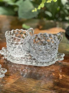 Fostoria American Cubist 3 Piece Cream & Sugar Set w/glass Tray 3 Sets Avail - Picture 1 of 1