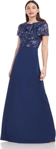 JS COLLECTIONS Navy Floral Sequin Embroidered Mesh Bow Detail A-Line Maxi Gown 4 - Picture 1 of 7