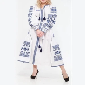Women's Long Sleeves White Dress With Blue Embroidery - Picture 1 of 2
