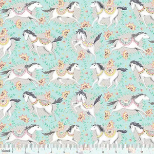 By 1/2 Yard Blend Fabric ~ Hill & Dale Fillies Aqua ~ Ana Davis Horse Pony Filly - Picture 1 of 2