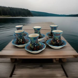 Turkish Hand Painted Ceramic Tea Cups And Saucers Set of 6 Floral Pattern - Picture 1 of 10