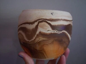 VTG Nemadji Pottery Orange Red Beige Ceramic Bowl Vase Swirl Abstract flower pot - Picture 1 of 4