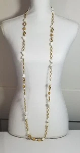 Vintage Long Necklace Opera Length White Milk Glass Beads Gold Tone Accents - Picture 1 of 6