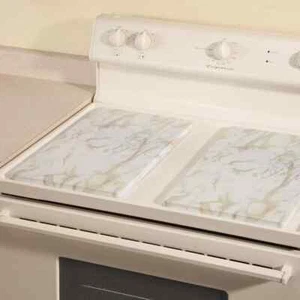 Electric or Gas Stove Burner Covers White Marble Top Rectangle Metal Set 2 - Picture 1 of 2