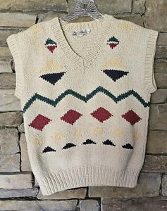 Vintage Calvin Klein Handstrick Pullover Weste Made in Hong Kong Gr. L Baumwolle cremefarben Geom - Bild 1 von 6