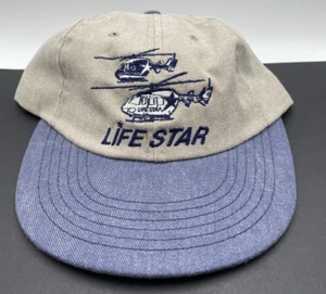 LIFE STAR Logo Hubschrauber bestickte Mütze Kappe zweifarbig hellbraun & blau Strapback Neu aus altem Lagerbestand - Bild 1 von 3