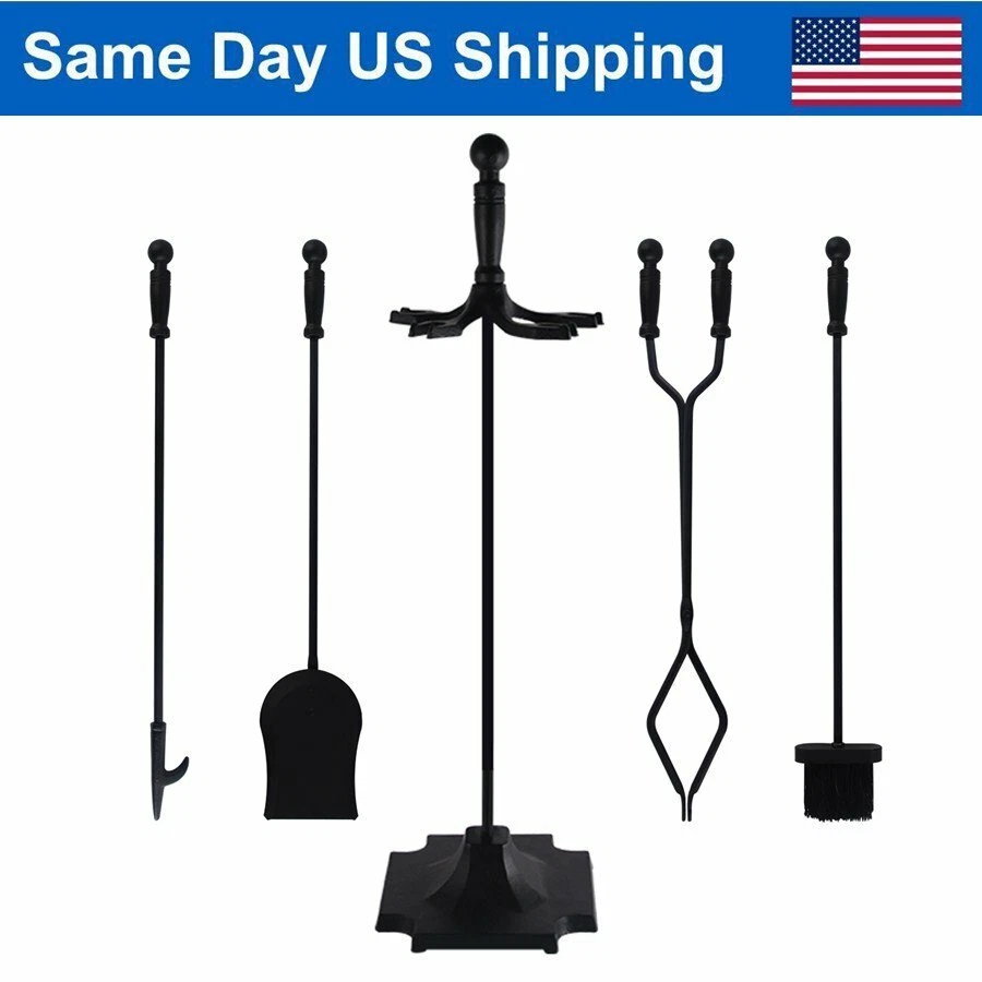 GAMEXCEL 5 Pcs Fireplace Tools Set Wrought Iron Fire Place Accessories Tools Holder Black