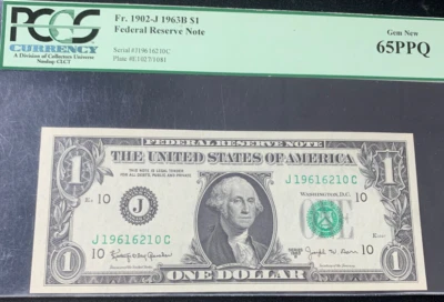 1963 B FR: 1902-J $1 Dollar Federal Reserve Note PCGS 65 PPQ Gem New - Image 1 of 2