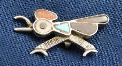 ZUNI STERLING Multi Stone Inlay Textured HANDMADE ROADRUNNER TIE TACK Estate - Image 1 of 2