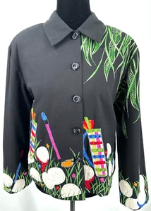 Anage Womens Embroidered Golf Themed Novelty Jacket Size Large Black Cotton - Picture 1 of 15