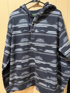 Orvis Hoodie Mens Large Blue Gray Aztec Stripe Henley Pullover Kangaroo Pocket - Picture 1 of 3