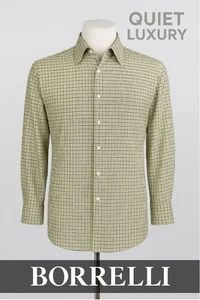 Borrelli Italy Green Plaid Shirt M Linen Cotton Quiet Luxury Handmade - Picture 1 of 18
