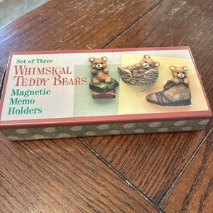 Vintage 1998 3er Set skurrile Teddybären magnetische Memo Halter Neu - Bild 1 von 8