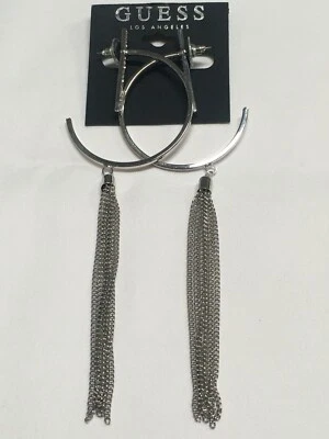 Guess Clear Crystal Chain Round Hoop Dangle Silver Plated Earrings 6" New GS5 - Image 1 of 4