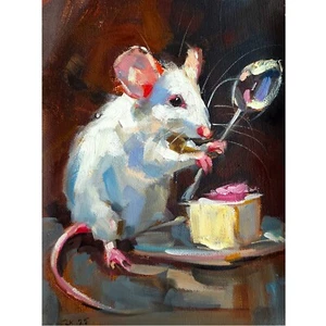 Whimsical Mouse with Cake Oil Painting Original Funny Animal Art Made to Order - Picture 1 of 4