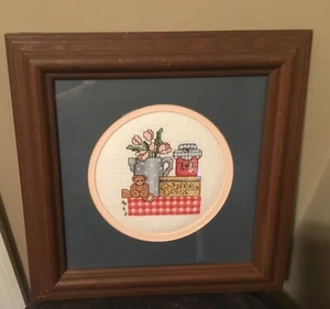 Vintage Coffee Teddy Bear Ball Jar Needlepoint/Cross Stitch Framed 10.5x10.5 - Picture 1 of 5