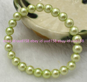 8/10/12mm Natural Light Green South Sea Shell Pearl Round Elastic Beacelet 7.5"