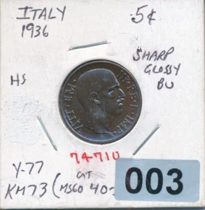 ITALY - 5 CENT 1936 KEY DATE - GLOSSY BU - GEM - #003 - Picture 1 of 2
