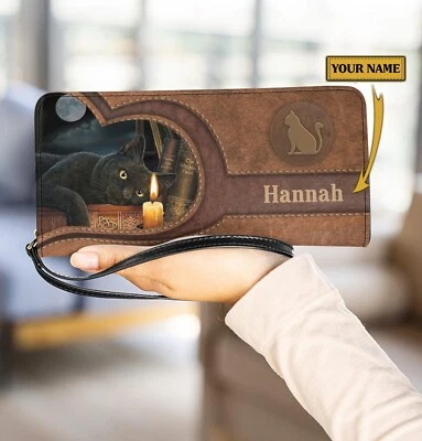 Cartera sin asas de cuero personalizada para libros de lectura de gatos negros, billetera para gatos negros regalo Foto 1 de 3