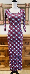 Boohoo Tartan Plaid 3/4 Sleeve Scoop Neck Bodycon Maxi Dress New US Sz 2 - Picture 1 of 13