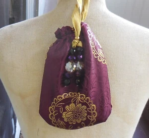 Reversible Burgundy Gold Brocade Leopard Skin Fleece Drawstring Bag Pouch Purse - Picture 1 of 8