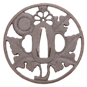 Large Antique Japanese Tsuba Iron Flower Leaves Edo Katana Koshirae Sword Guard - Picture 1 of 9