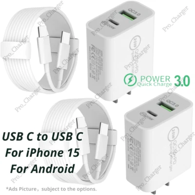 QC PD 20W Fast Charger Adapter Brick USB C Type C Cord For iPhone 15 Pro Android - Image 1 of 4