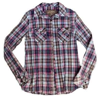 Camisa de mujer Farm Girl a cuadros rosa marrón azul envejecida con botones talla M Foto 1 de 4