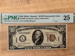 1934A $10 Hawaii WWII Emergency Issue – PMG 25 VF – Fr#2303 Julian/Morgenthau - Picture 1 of 2