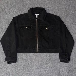 Forever 21 kurze schwarze Jeansjacke Damen Größe Small durchgehender Reißverschluss Taschen - Bild 1 von 11