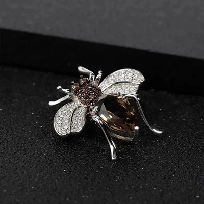 Broche de abeja melífera hecho a mano de plata 925 de cuarzo ahumado natural de 3,5 quilates Foto 1 de 4