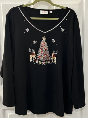 Camiseta QUACKER FACTORY Negra Manga Larga Árbol Reno Navidad 2X Foto 1 de 4