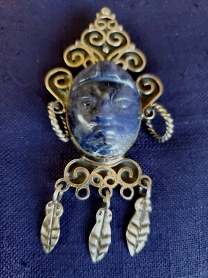 Vintage Jewelry Mexican Sterling Silver Blue Carved Heavy Signed 925 Pin Pendant - Image 1 of 4