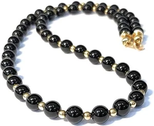 AAA+ Quality~Great Men Women Size 8mm Black Onyx and Gold Bead Necklac 20 inch - Picture 1 of 4