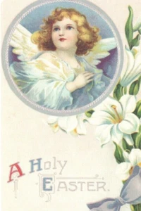 Vntg Victorian Current UnUSED A HOLY EASTER Card &Envelope Angel Easter Lillys - Picture 1 of 5