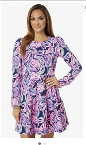 NWT Lilly Pulitzer Dress Ladies Large Arlette in High Tide Navy Flock to the Top - Picture 1 of 6