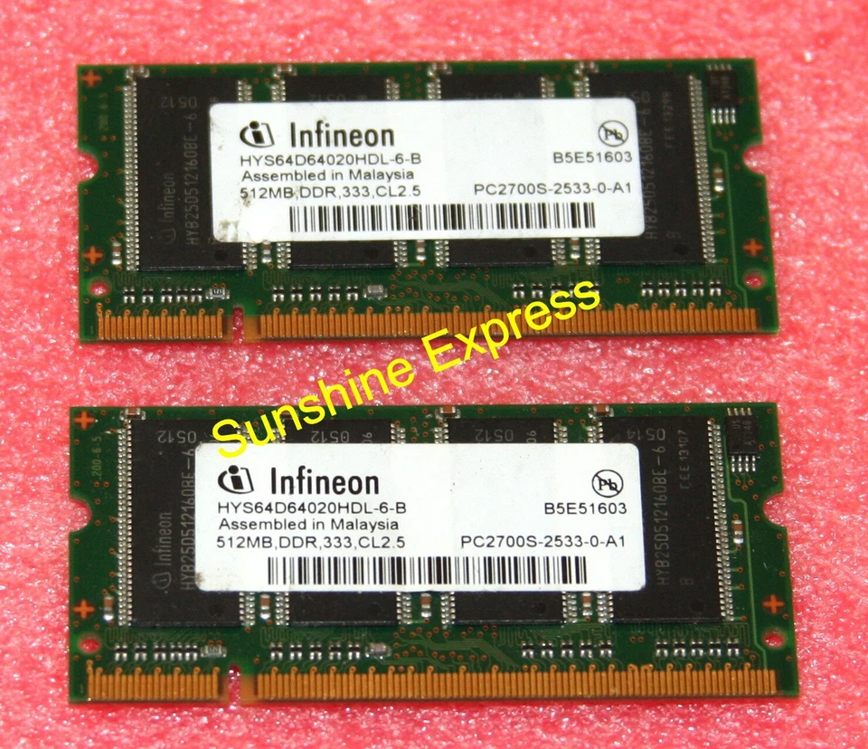 1GB 2x512MB Infineon PC-2700 333MHz SODIMM Memory Module HYS64D64020HDL-6-B - Image 1 of 1