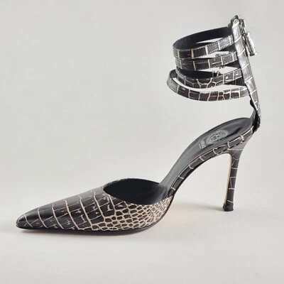 Versace Crocodile Leather Pointed-Toe Anklet Pump Heels EU 38.5 Brown EUC 2003 - Image 1 of 4