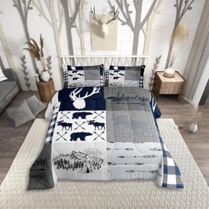 Camping down Comforter for Kids, Deer Bear Comforter Set Queen Size Rustic Buffa - Picture 1 of 6