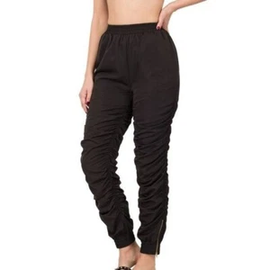 Womens Ruched Jogger Pants With Elastic Waist & Zipper Detail - Black Size Large - Picture 1 of 10