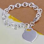 925 Pure Sterling Silver Rolo Chain Link Charm Bangle Heart Tag Bracelet Jewelry
