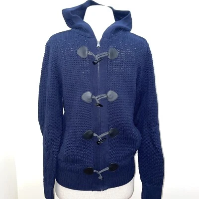 Express navy toggle waffle knit hooded cardigan sweater size small - Image 1 of 4