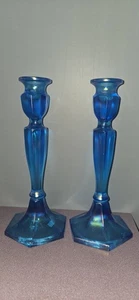 FENTON 10 1/2" VINTAGE IRISIEREND BLAU KERZENLEUCHTER - Bild 1 von 5