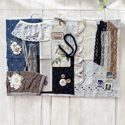 Kit de puntada lenta diario chatarra botones de tela ojales de encaje azul blanco crudo en mal estado Foto 1 de 4