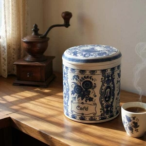 Bote de cerámica de café azul Delft pintado a mano hecho en Holanda - Imagen 1 de 4