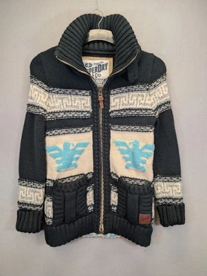 Superdry Cardigan Jumper Men’s Size Medium Blue Aztec Eagle Full Zip Cowichan - Image 1 of 4