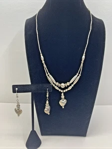 Handmade Vintage Silver Tone Necklace & Earring Set W/ Heart & Rose Design Boho - Picture 1 of 24