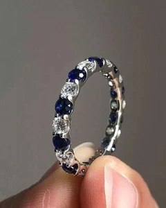 2Ct Round Lab-Created Sapphire Diamond 14K White Gold Plated Eternity Band Ring - Picture 1 of 9