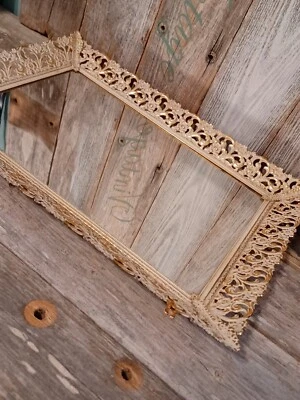 Vintage Mirror Dresser Vanity Bathroom Gold White Wash Filigree Perfume Footed - Image 1 of 4